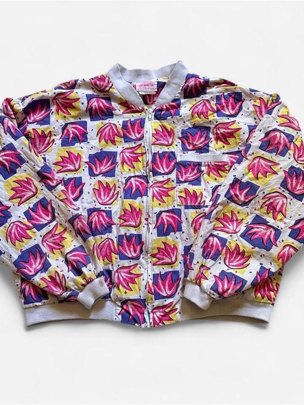 Vintage 90s Floral Zip Front crop Bomber Jacket sweater - Pink and white L
